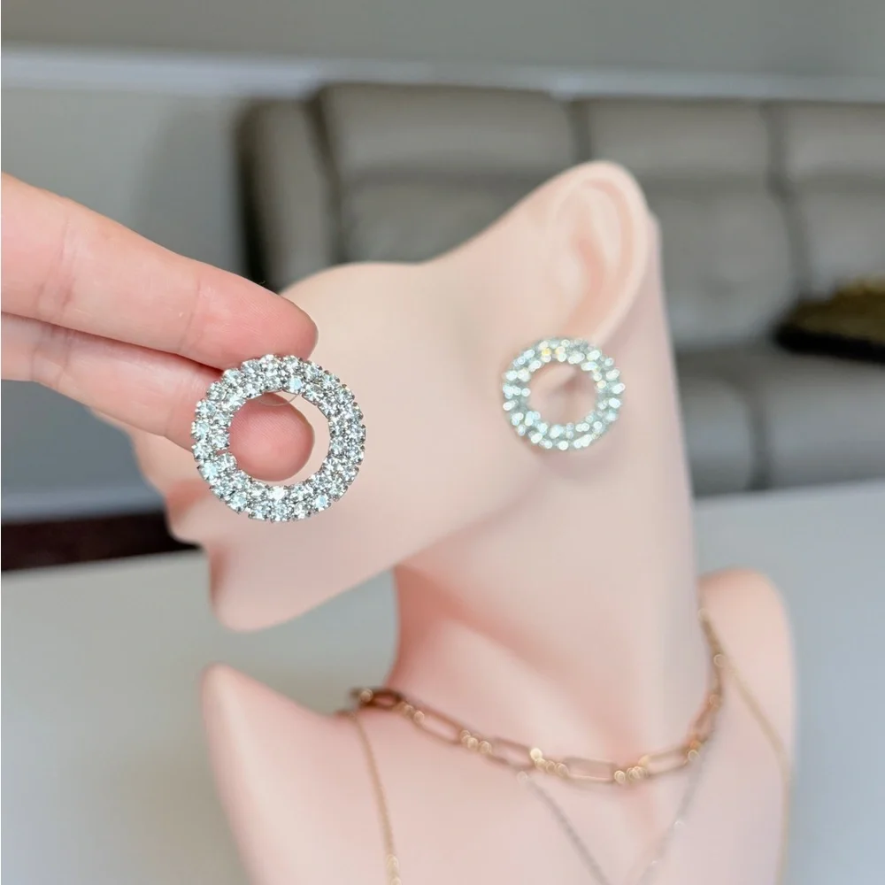 Crystal Circle Stud Earrings - Silver Tone